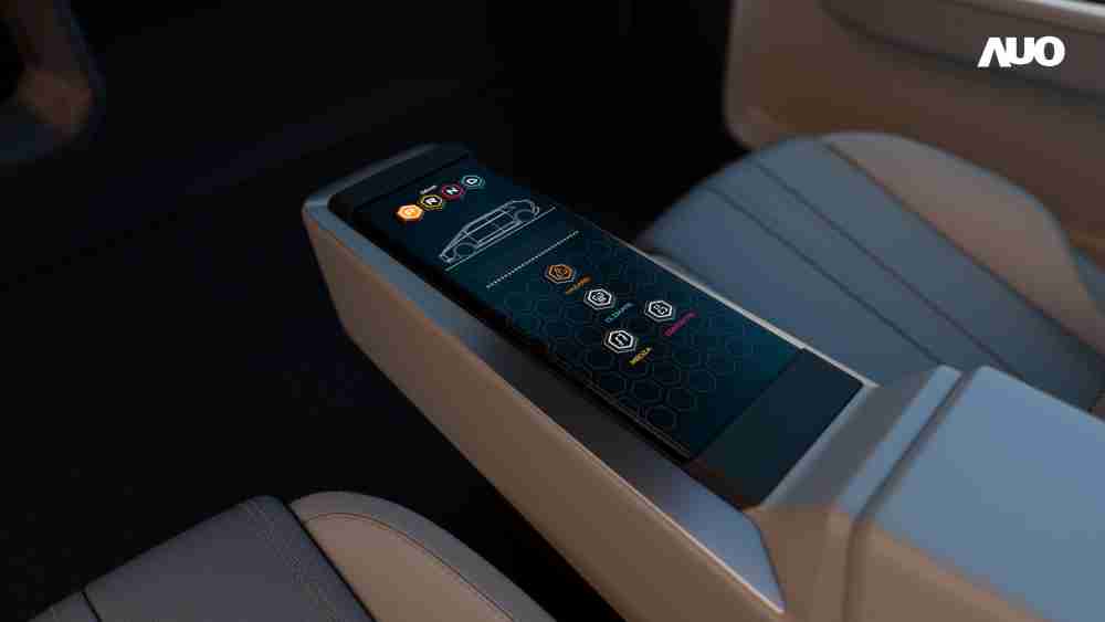 财神娱乐以人性化设计打造多变形态中控显示(Morphing Center Control)，，不使用时仅平面显示信息，，进行操作时，，显示器则会动态隆起，，转变成3D实体按钮，，并有触觉回馈，，展示人机互动新体验